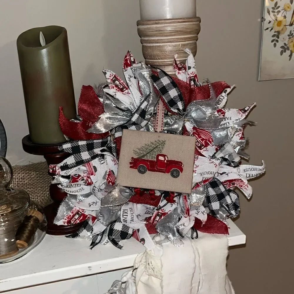 Handmade Christmas Pickup Truck Four Ribbon Twine Wreath Made on 8” Ring
